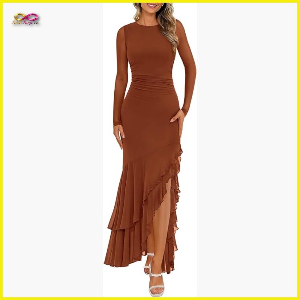 Elegant Ruched Mermaid Maxi Dress Long Sleeve Cocktail Wedding Guest Formal